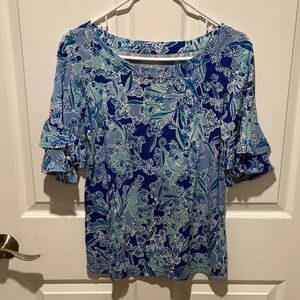 Lilly Pulitzer Blue Floral Ruffle-Sleeve Tee Size Small